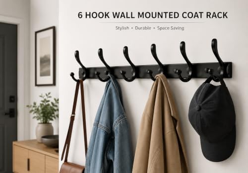 Image of Excellent t Stainless Steel 12Pin Bathroom Cloth Hanger Door Wall Robe Hooks Rail for Hanging Keys, Clothes, Towel (40 Cms) (Black, 2)
