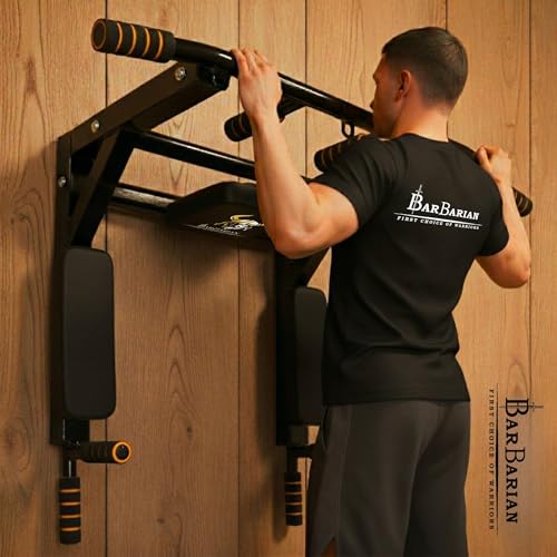Image of BARBARIAN Heavy Duty Wall Mount Pull Up Bar 3-in-1, Chin Up Bar & Dip Station for Home Gym, Multi-Grip Strength Training Equipment with Steel Frame & 150kg Capacity