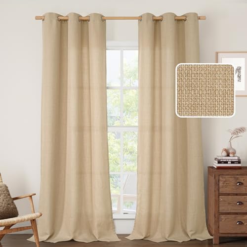 Image of LAMIT Natural Linen Curtains for Bedroom, 84 Inch Faux Linen Textured Light Filtering Privacy Burlap Drapes Grommet Sheer Panels for Farmhouse /Living Room, 2 Panels, Tan, 42 x 84 Inch