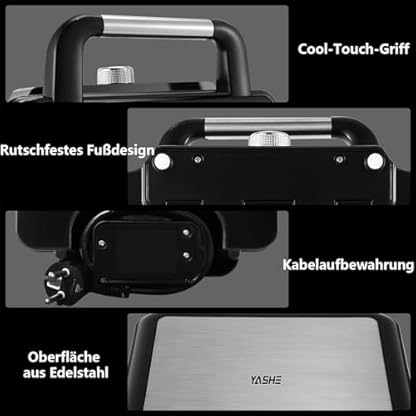 YASHE Waffeleisen Belgische Waffel, 4-Scheiben Quadratisches Belgisches Waffeleisen, 5 Bräunungsknopf, Kontrollleuchten, Anti-Überlauf, Antihaftbeschichtung, 1200W, Silber/Schwarz – Bild 6