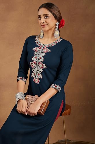 Image of Janasya Women's Navy Blue Rayon Embroidered Straight Kurta