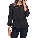 OSYARD Damen T-Shirt Sweatshirt Pulli, Frauen 3/4 Hülsen Beiläufige Lose Arbeits Büro Hemd Blusen Pullover Einfarbig Rundhalsausschnitt Bandage Strickpullover Tunika Oberteile (M, Schwarz)