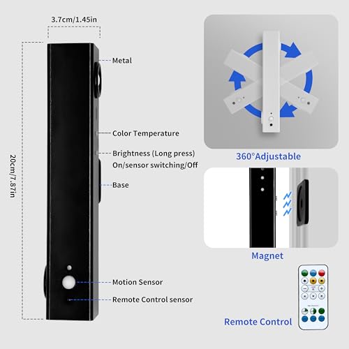 Image of Motion Sensor LED Night Lights, 2500 mAh Rechargeable Battery Operated Indoor Wall Light Without Power Connection with Switch, Wireless Wall Lighting Battery for Cabinet Bedroom Stairs(Black)