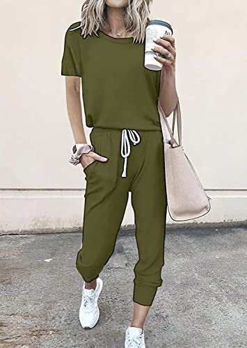 Image of PRETTYGARDEN Women Summer Two Piece Outfits Striped Short Sleeve Pullover and Long Pants Tracksuit Travel Pajama Lounge Set