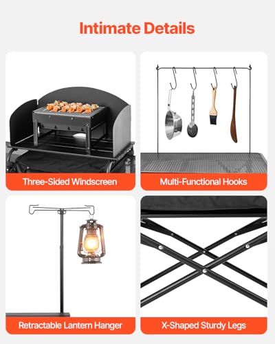 VEVOR Camping Kitchen Table, Outdoor Camp Cooking Table, Aluminum Portable Cook Station with 3 Storage Cupboard, Carrying Bag, Detachable Windscreen, Quick Set-up for BBQ Party Picnic RV Travel, Black