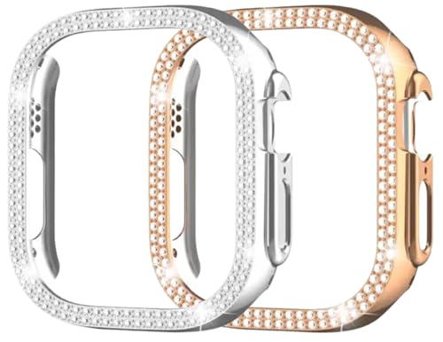 Image of AMiRiTE ADS144 Bling Diamond Rhinestone Ony Bumper Watch Case Cover Without Glass Compatible with Apple iWatch Series 49mm Ultra /Ultra 2 (49MM [ Bling CASE Combo Pack of 2 ], Silver & Rose Gold)