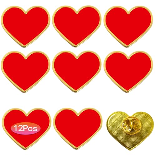 12Pcs Red Heart Pins Heart Love Lapel Pins Bulk Metal Brooch Badge Valentine Pin Mothers Day Valentines Day Wedding Party Costume Accessory for Clothes Bags Hats Men Women
