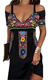 LOVESHOOT Size L Black Women Cold Shoulder Dress 2025 Summer Casual Elegant Boho Midi Floral V Neck A-Line Beach Vacation Sun Dresses