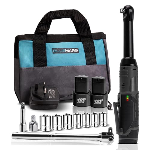BLUEMARS Cordless Ratchet Wrench Set, 3/8" Ratchet w/ 7 Sockets, Extension Bar & 1/4" Drive Adapter, 25cm Breaker Bar,12V Powered Ratchet Wrench 50N.m w/ 2Pcs 2.0Ah Lithium-Ion Battery, Storage Bag