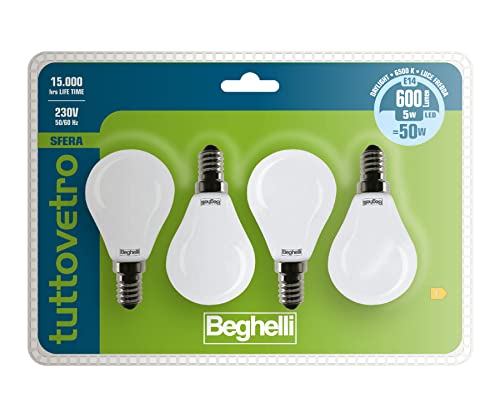 Beghelli - Lampadina LED TUTTOVETRO E14 Luce Fredda, Sfera 5W, 600lm, 6500K, Vetro Opale, Efficiente, Installazione Facile, Durata 15000 Ore - Colore: Luce Fredda, Quantità: 4 pz