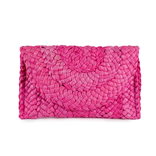 Syrads Bolso de mano de paja de noche para mujer Bolso de playa de verano Bolso de sobre tejido de paja,Rosa roja