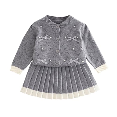 Baby Girls Cute 2 Piece Outfits Button Down Bowknot Cardigan Sweater A-Line Knitted Pleated Mini Skirt Sets for 1-8 Years