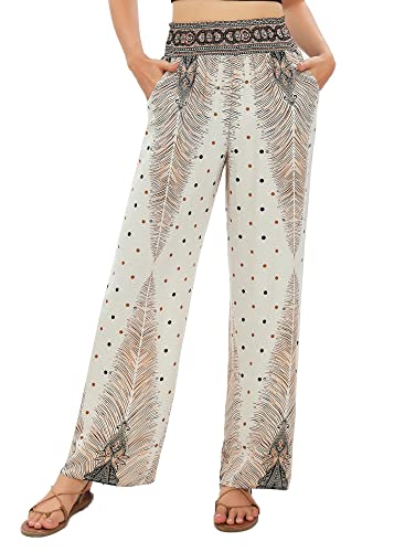 Urban CoCo Women's Elastic High Waist Boho Floral Print Pants Palazzo Wide Leg Lounge Pants