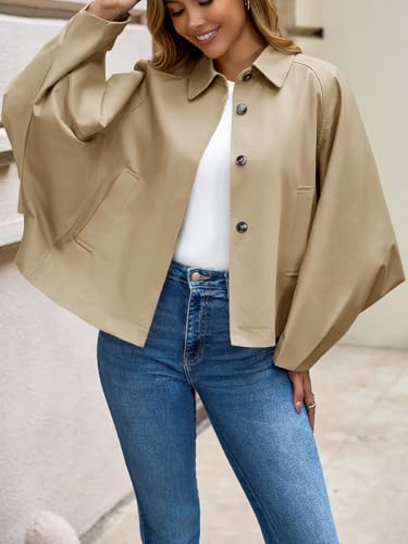 Cicy Bell Womens Oversized Cropped Trench Coats Batwing Sleeve Trendy Casual Short Jackets Button Up Outerwear4