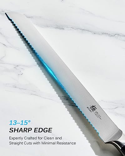KYOKU 10" Serrated Bread Knife, Samurai Series Serrated Knife for Homemade Bread Pastries with Pakkawood Handle, Japanese Style High Carbon Steel Cake Knife, Full Tang Bread Knife with Sheath & Case