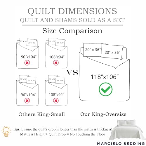 MarCielo 3-Piece 100% Cotton Oversized Bedspread Lightweight Quilt Coverlet Embroidery Farmhouse Bedding Set (TG Bright White, Oversized King (118"x106"))