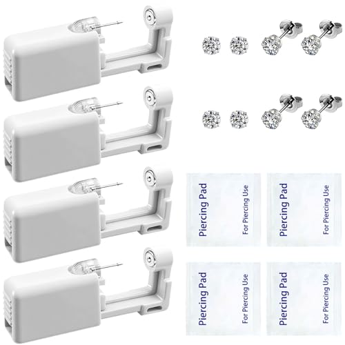 Ear Piercing Kit 4 Pcs Ear Piercing Gun Disposable Ear Piercing Gun Kit with Cubic Zirconia Silver Earring Studs (White)