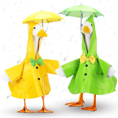 Abbylike 2 Sets Raincoat Porch Goose Outfits Summer Raincoat Yard Goose Duck Clothes Costume with Umbrella Hat Fits Large 23'' Cement for Spring Garden Patio Lawn Statue Pathway Art Decorations