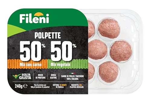 Fileni - Polpette 50% & 50% 240 g - Mix Carne di Pollo e Tacchino - Mix Vegetale di Piselli, Farina di Lenticchie Rosse e Mais - 100% Carne Italiana - Ricco di Proteine - Senza Glutine
