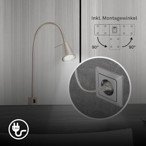 BRILONER - LED Leselampe mit Schalter am Gehäuse, schwenkbar, GU10 4,7W, 400lm, warmweißes Licht, Wandleuchte Innen, Wandlampe, Bettlampe, Lampe Bett, Leselicht, Nachttischlampe, 40,3 cm, Matt-Nickel