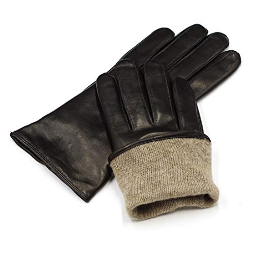 Harssidanzar Womens Luxury Italian Nappa Leather Gloves Vintage Finished Cashmere Lined Touchscreen, Black, S