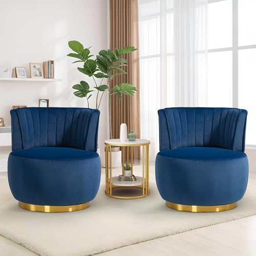 SLEERWAY 360° Swivel Barrel Chair Set of 2, Modern Velvet Round Accent Chair, Comfy Upholstered Small Armchair with Gold Metal Base for Living Room Bedroom Nursery Office Sillas para Sala, Navy Blue