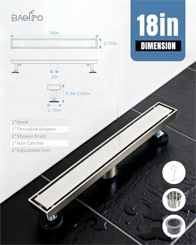 Image of 18 Inch Brushed Stainless Steel Linear Shower Drain | CUPC Certified 2-in-1 Tile Insert for Curbless Showers. 304 Steel, 15.8GPM Flow. Includes Hair Catcher & Adjustable Feet.
