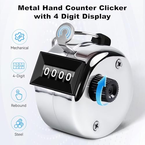 Image of Clicker Counter, Metal Hand Tally Counter Clicker with 4 Digit Display, Pitch Counter for Golf Stroke, Baseball, Coaching, Knitting, Lap, Row Sport, Silver