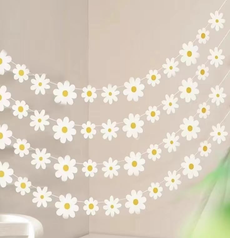 4 Packs Daisy Banner Garland Groovy Hippie Boho Birthday Decor Daisy Party Decoration Spring Flower Hanging Banner Daisy Paper Cutouts for Girl Birthday Supplies