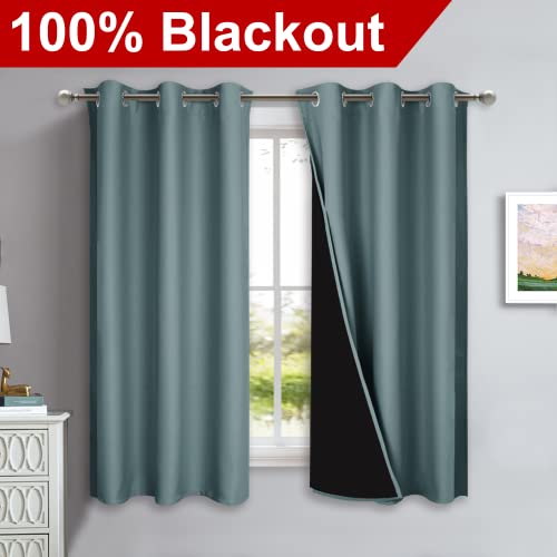 Image of NICETOWN 100% Blackout Short Curtains with Black Liners, 2 Panels, 37 inch W by 40 inch L, Greyish Blue, Solid Thermal Insulated Full Blackout 2-Layer Lined Drapes, Energy Efficiency Window Drapes for Bedroom