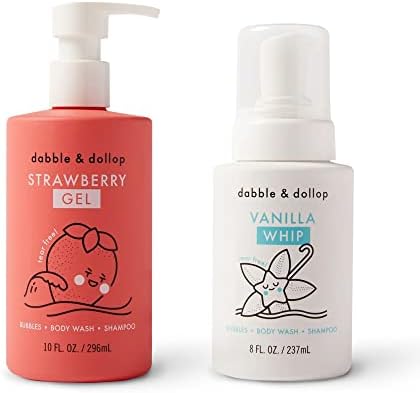 Dabble & Dollop Strawberry Gel + Vanilla Whip - 3-in-1 Natural Bubble Bath, Body Wash & Shampoo for Kids, 100% USA-made, Paraben & Sulfate Free, Vegan, Gluten-Free, Tear-Free (Pack of 2)