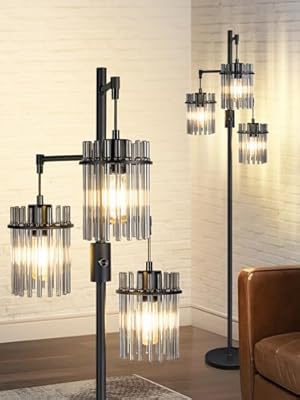 VOUTOORO Industrial Modern Floor Lamps for Living Room, Dimmable Glass Tree Standing Tall Lamps with 3 Elegant Teardrop Cage Head & 800 Lumens LED Bulbs for Bedroom Office (66inch Tall)