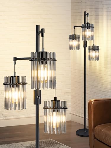 VOUTOORO Industrial Modern Floor Lamps for Living Room, Dimmable Glass Tree Standing Tall Lamps with 3 Elegant Teardrop Cage Head & 800 Lumens LED Bulbs for Bedroom Office (66inch Tall)