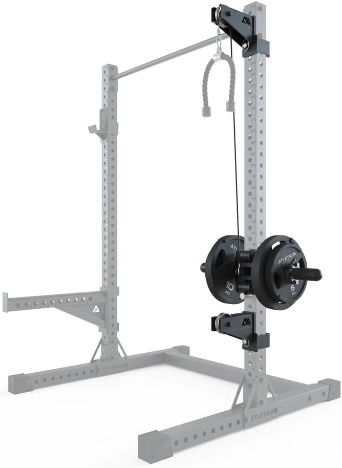 Atletica R7 Cable System with a single weight plate loaded, demonstrating the loading mechanism
