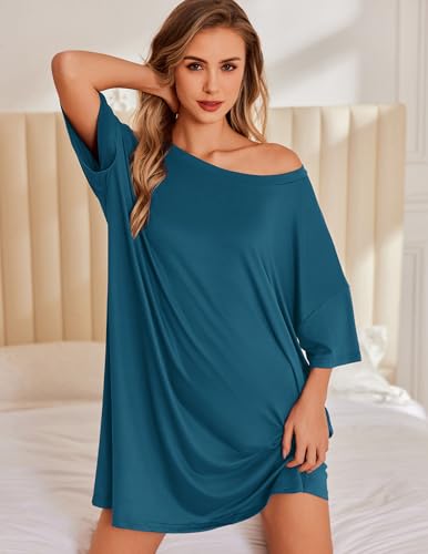 Image of Ekouaer Plus Size Nightgowns for Women Oversized Sleep Shirt Short Sleeve Nightshirt T-Shirt Dress Sleepwear S-5XL