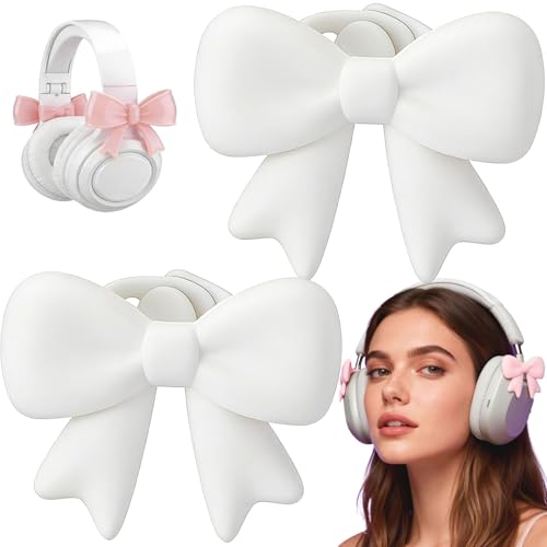2 Pack Bow Headphone Decorations, Adjustable Silicone Earphone Charms，No-Slip Ear Pad Decorations, Coquettish Attachment for Women Girls （White）