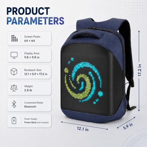 Image of Led Backpack with Programmable Screen,Laptop Backpack with APP Control,17 inch Waterproof Led Bag,Travel, Motorcycle Bag,Scooter Backpack,Blue(Power Bank Not Included)