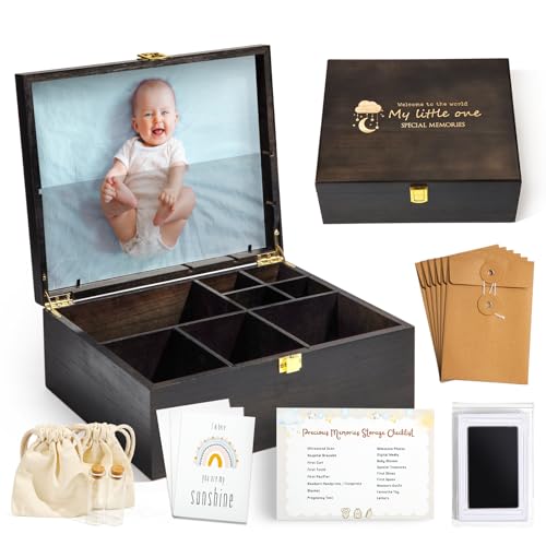 Image of Shinlar Baby Keepsake Box Wooden with 6 Additional Items - Baby Shower Gifts for Girls Boys, Baby Organizer First Memory Box Large Engraved with Guidelines, Treasured Baby Shower Gifts for New Mom