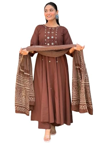 Image of ANNI Designer Kurta Set for Women Viscose Embroidered | A-Line Kurta Palazzo Dupatta Set for Woman | 3 /4 Sleeve Round Neck 3 Piece Ethnic Dress Stylish Coord Outfit Trendy Womens Clothing