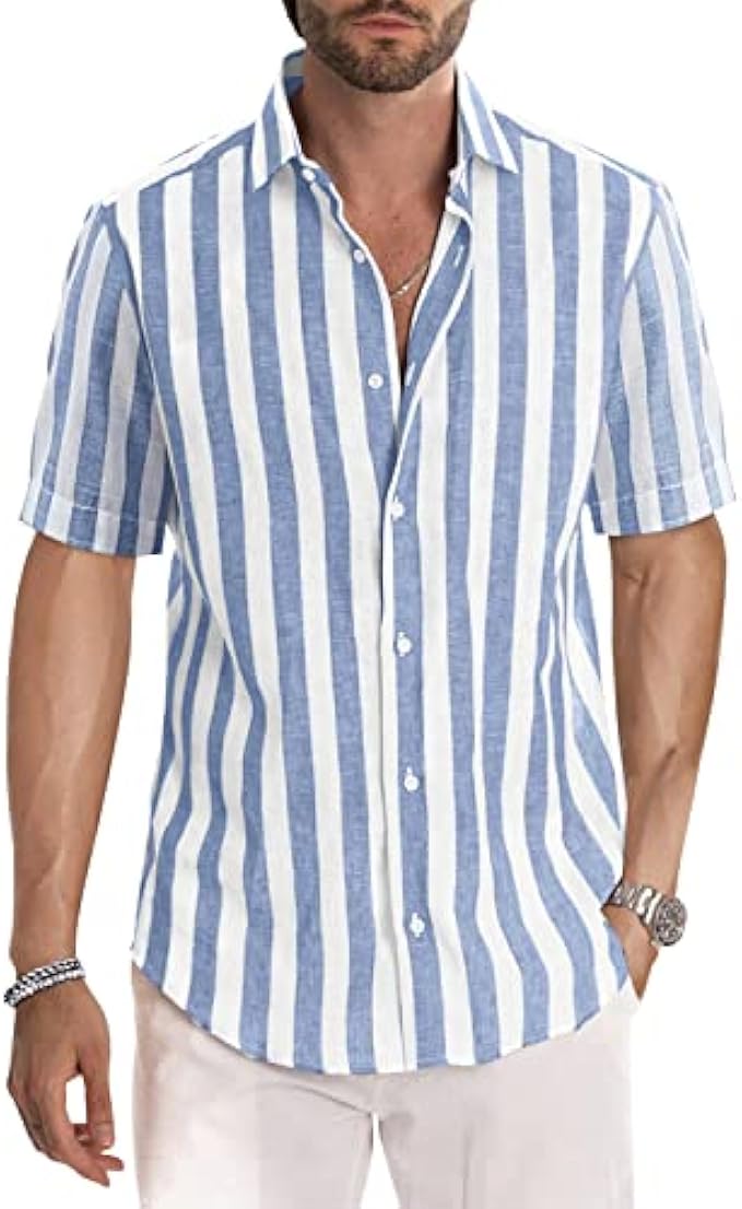 JMIERR Men's Casual Stylish Short Sleeve Button-Up Striped Dress Shirts Cotton Shirt