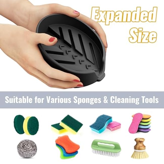 NiHome Silicone Sponge Holder Compatible with Scrub Daddy Mommy Sponges for Kitchen & Bathroom, Auto Draining Organizer, Holds Multiple Sponges & Cleaning Tools, Food-Grade, Dishwasher Safe (Black)