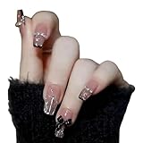 YINKE ネイルチップ ロング 24枚入 黒 成人式 独特な设计台形のスタイル 黒い暗夜の星空 女性おしゃれな 上級 ネイルラップ (A-10)