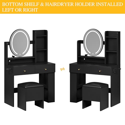 DWVO Vanity Desk with Oval Mirror and Lights, Makeup Vanity Table Set with Power Outlets and Chair, 3 Lighting Colors, Makeup Desk with 2 Drawer and Lots Storage Shelves, Bedroom, Black Dressing Table