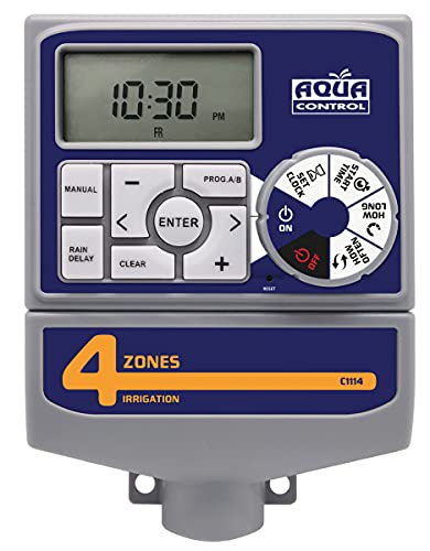 Aqua Control C1114 Programador de Riego Automático para Jardín con Transformador y pantalla LCD, Apto para hasta 4 Zonas de Riego