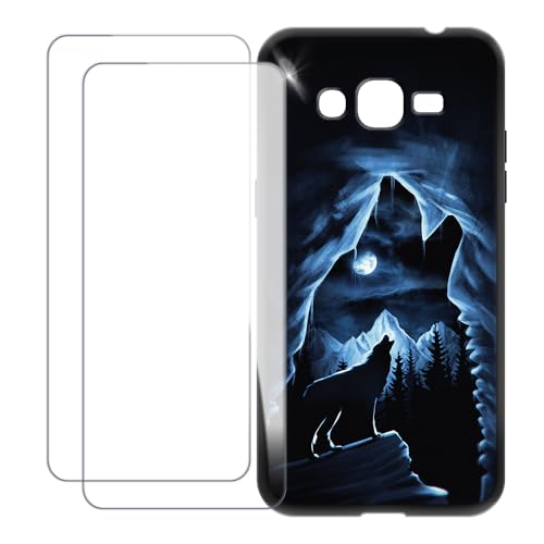 UOGNADGD Compatible with Samsung Galaxy Grand Prime G5308W Case Colorful Custom Cover with 2 Pack Tempered Glass Screen Protectors - Shockproof Scratch-Resistant (Wolf 2)