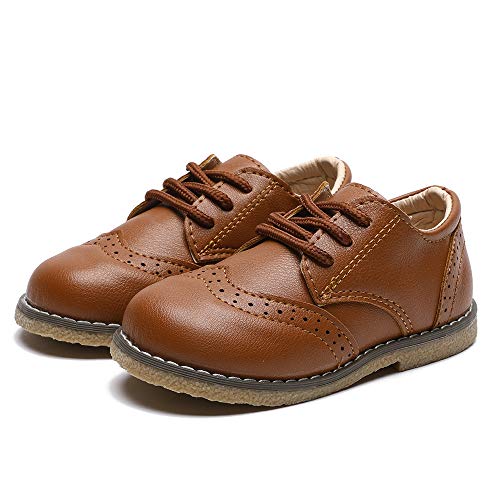 Timatego Toddler Boys Girls Oxford Shoes Pu Leather Lace Up School Loafer Flats Baby Infant Uniform Dress Shoes(Toddler/Little Kid) 5.5 Toddler 01 Brown Ean #TOP5