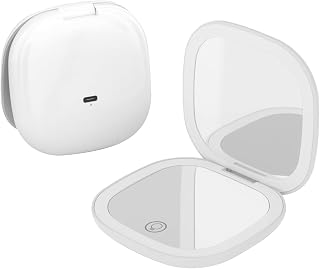 QUMOX Espejo de Maquillaje con Luz 5X – Espejo de Viaje Compacto Recargable con LED, 3 Tonos de Luz, Brillo Regulable por Tacto, USB-C – Blanco