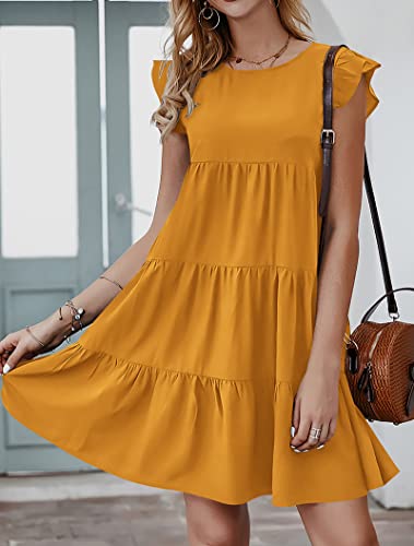 Image of KIRUNDO Summer Dresses for Women Sundress Sleeveless Ruffle Sleeve Round Neck Loose Short Flowy Pleated Mini Babydoll Dress
