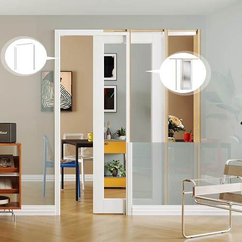 Image of 30 inch x 80 inch Pocket Door, 1-Lite Mirror Interior Door Panel with Frame and Hardware Kit Set Plus Door Jamb, Single-Sided Mirror Closet Door Slab for Sliding Door, No Panel Assembly Required