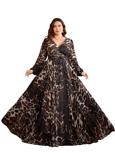 Image of Spring Summer 2024 Plus Size Womens Dresses V Neck Casual Elegant Long Sleeve Floral Print Maxi Dress